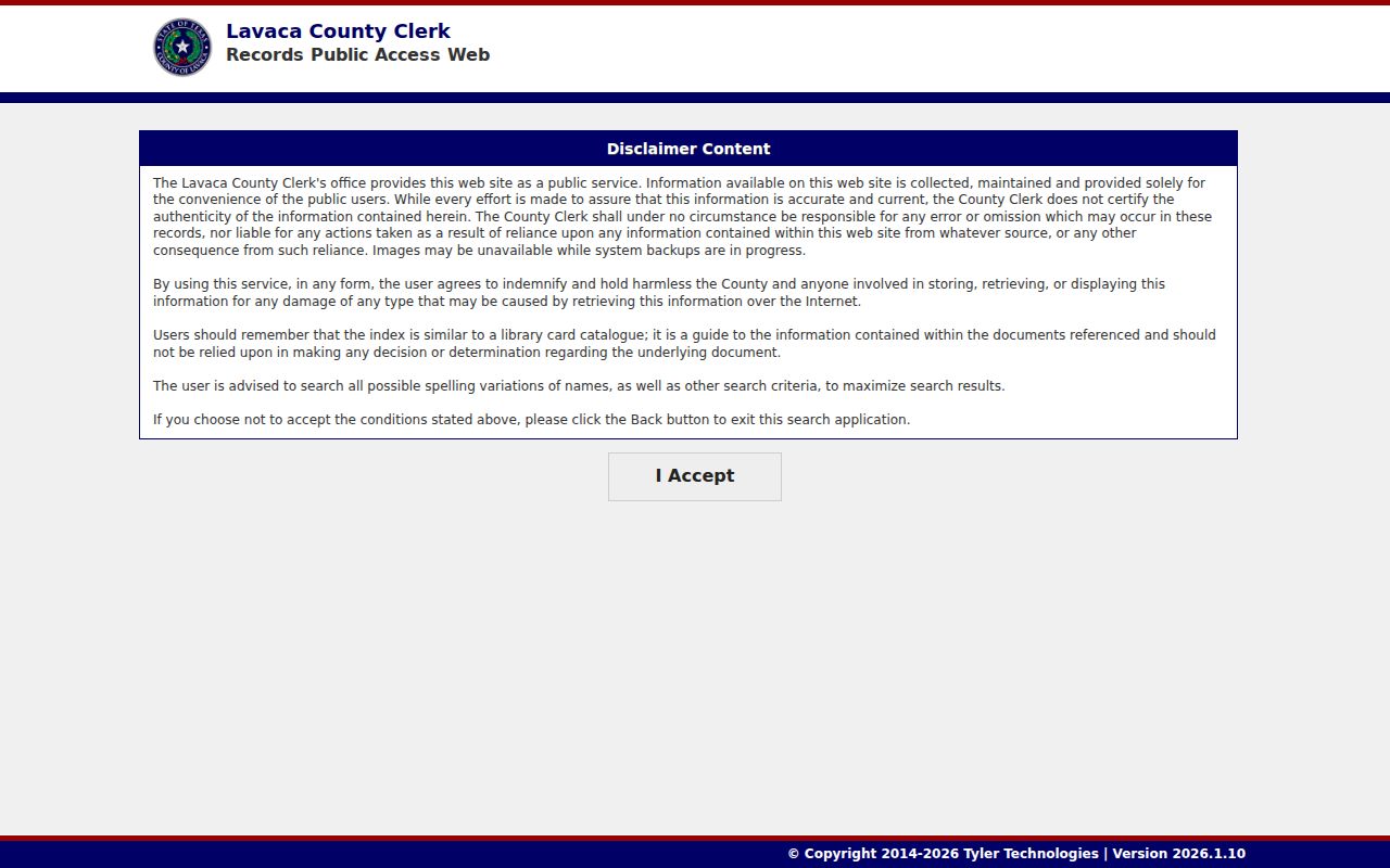 Lavaca County case search Tyler public access disclaimer