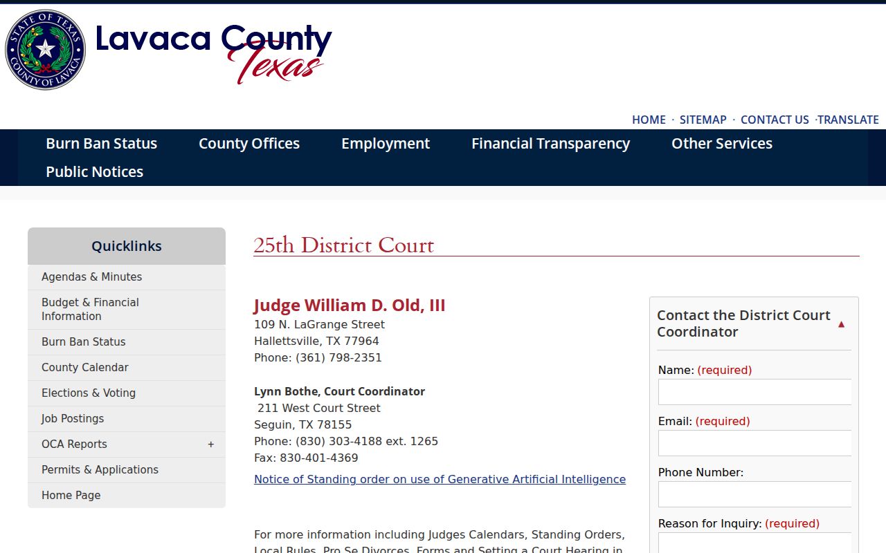 Lavaca County court calendar judge and setting contacts