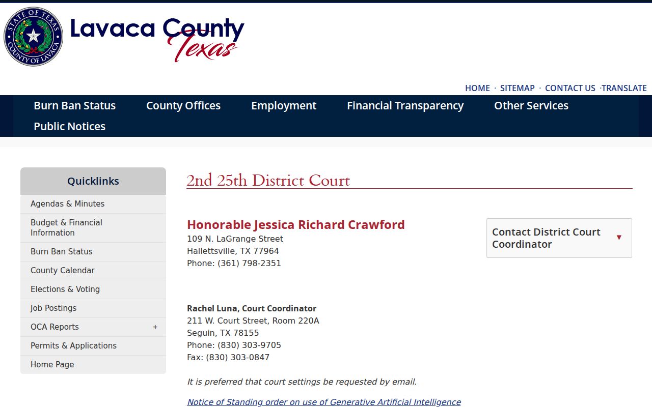 Lavaca County court calendar Second 25th coordinator page