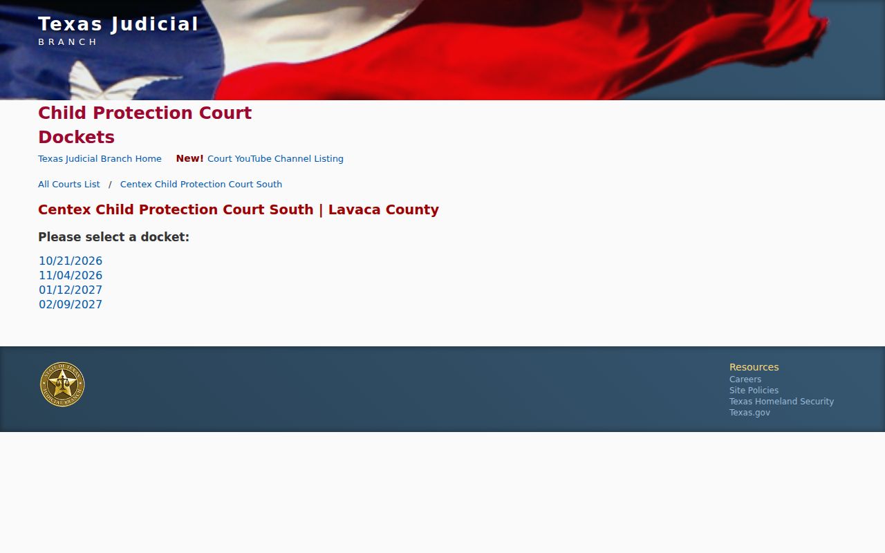 Lavaca County court calendar child protection date selector