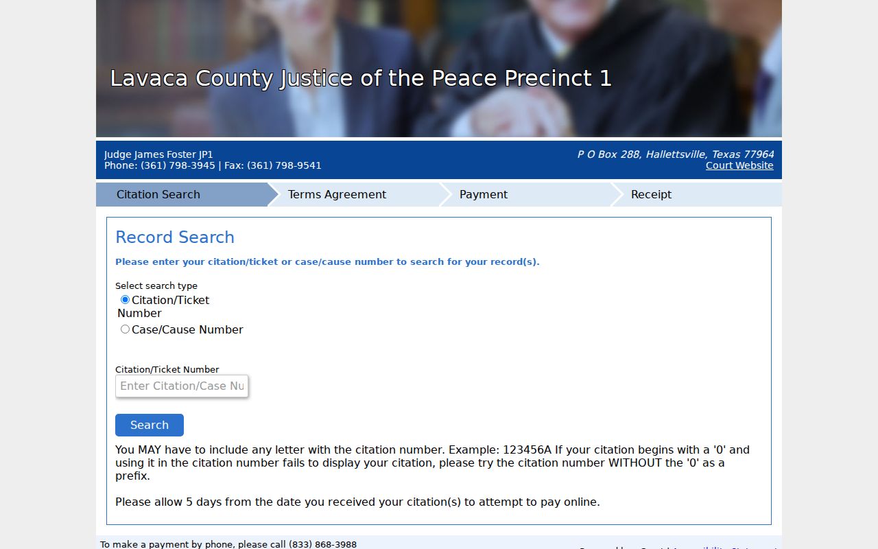 Lavaca County JP1 citation and cause-number search selector