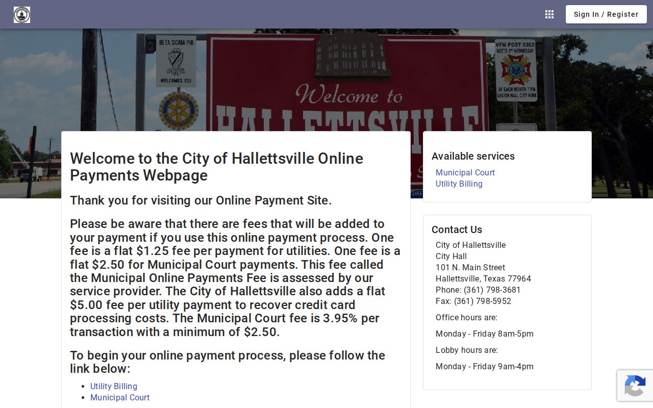 Hallettsville municipal payment portal with court service and transaction fee notice
