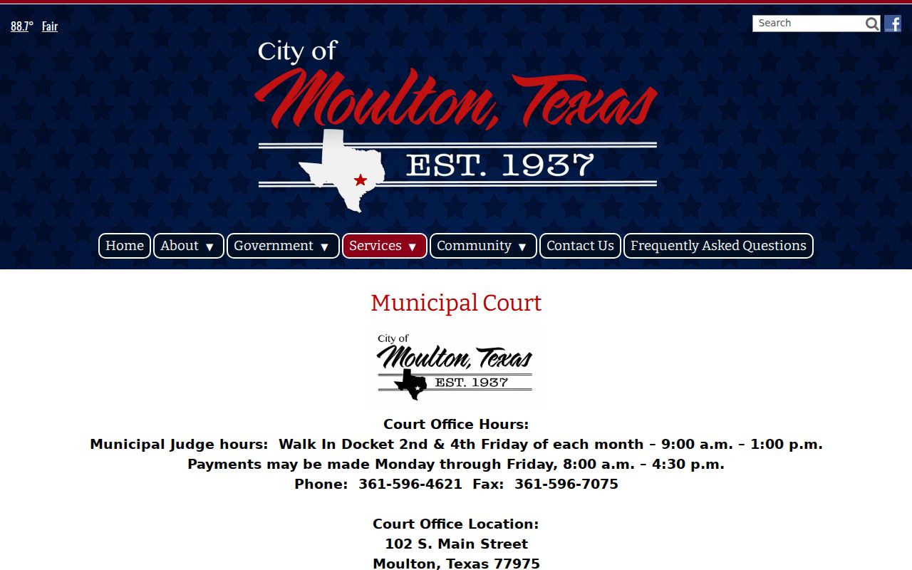Moulton Municipal Court page showing second and fourth Friday walk-in docket hours
