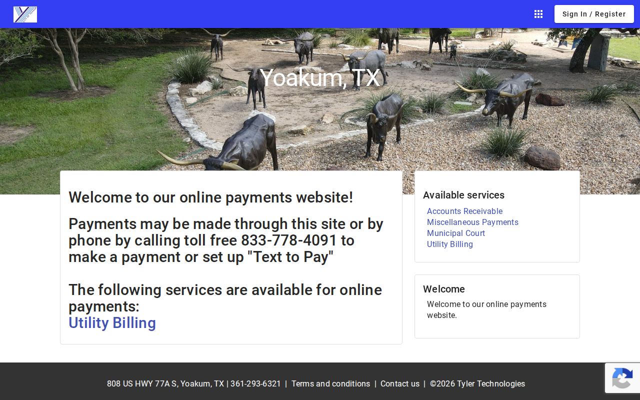 Yoakum city payment site showing the Municipal Court service tile